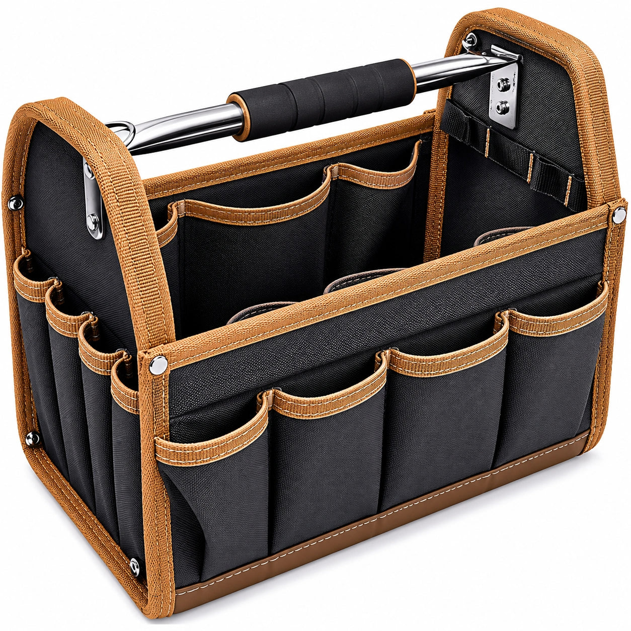 Tragbare Werkzeugtasche mit robustem Griff und mehreren Fächern, Schwarz/Braun, 35 x 20 x 25 cm