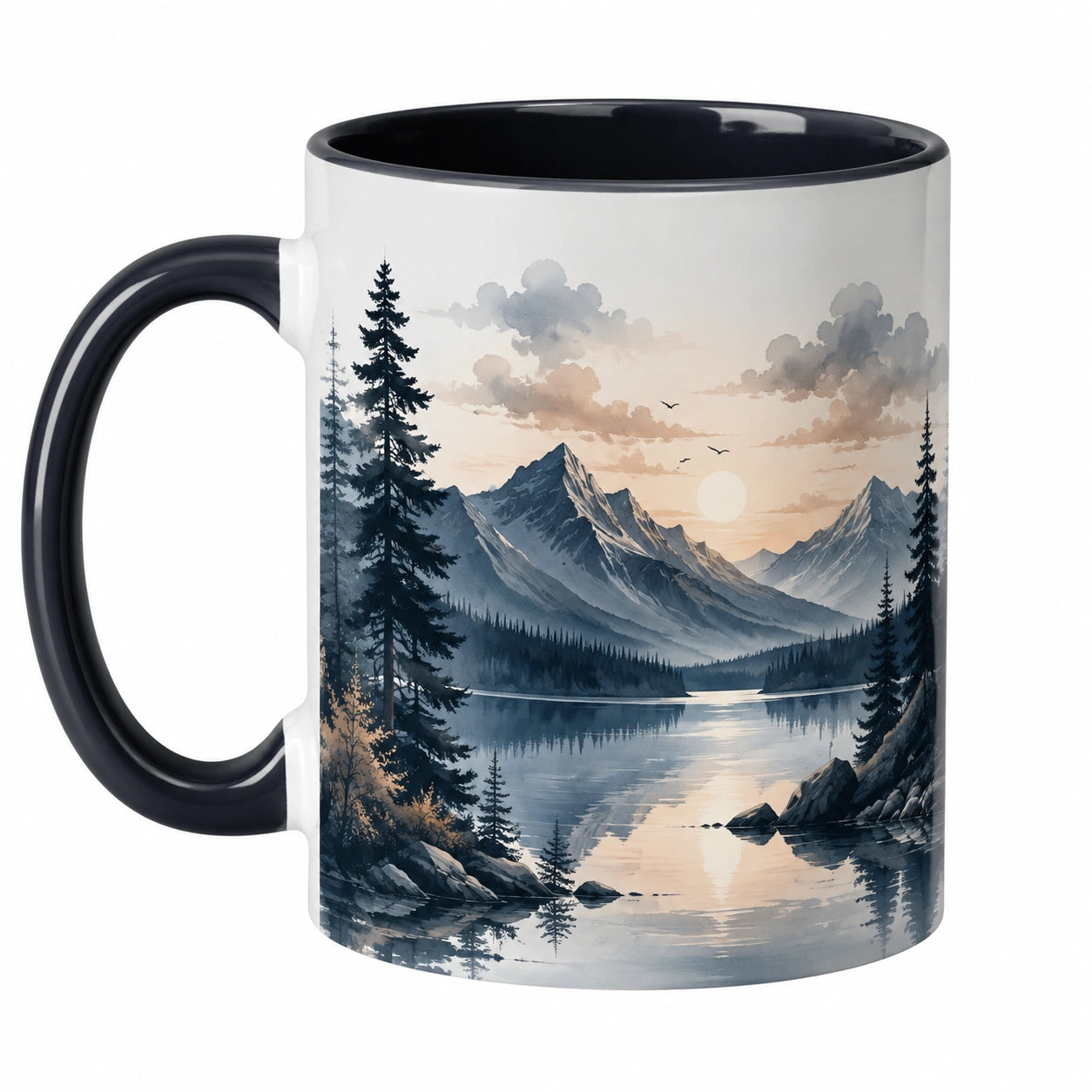 Schwarz-Weiße Keramik Kaffeetasse mit Landschaftsmotiv, 350ml