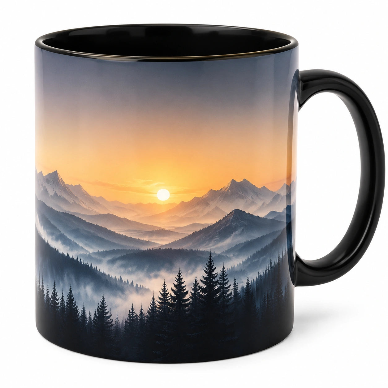 Kaffeetasse Schwarz mit Landschaftsmotiv bei Sonnenaufgang, 300ml