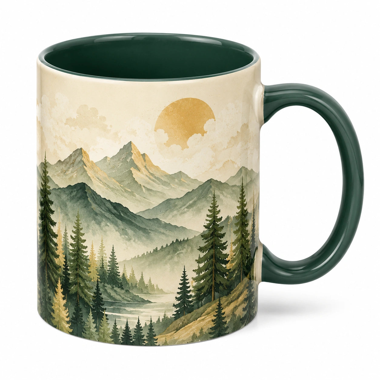 Keramiktasse mit Berg- und Waldmotiv 350ml Grün
