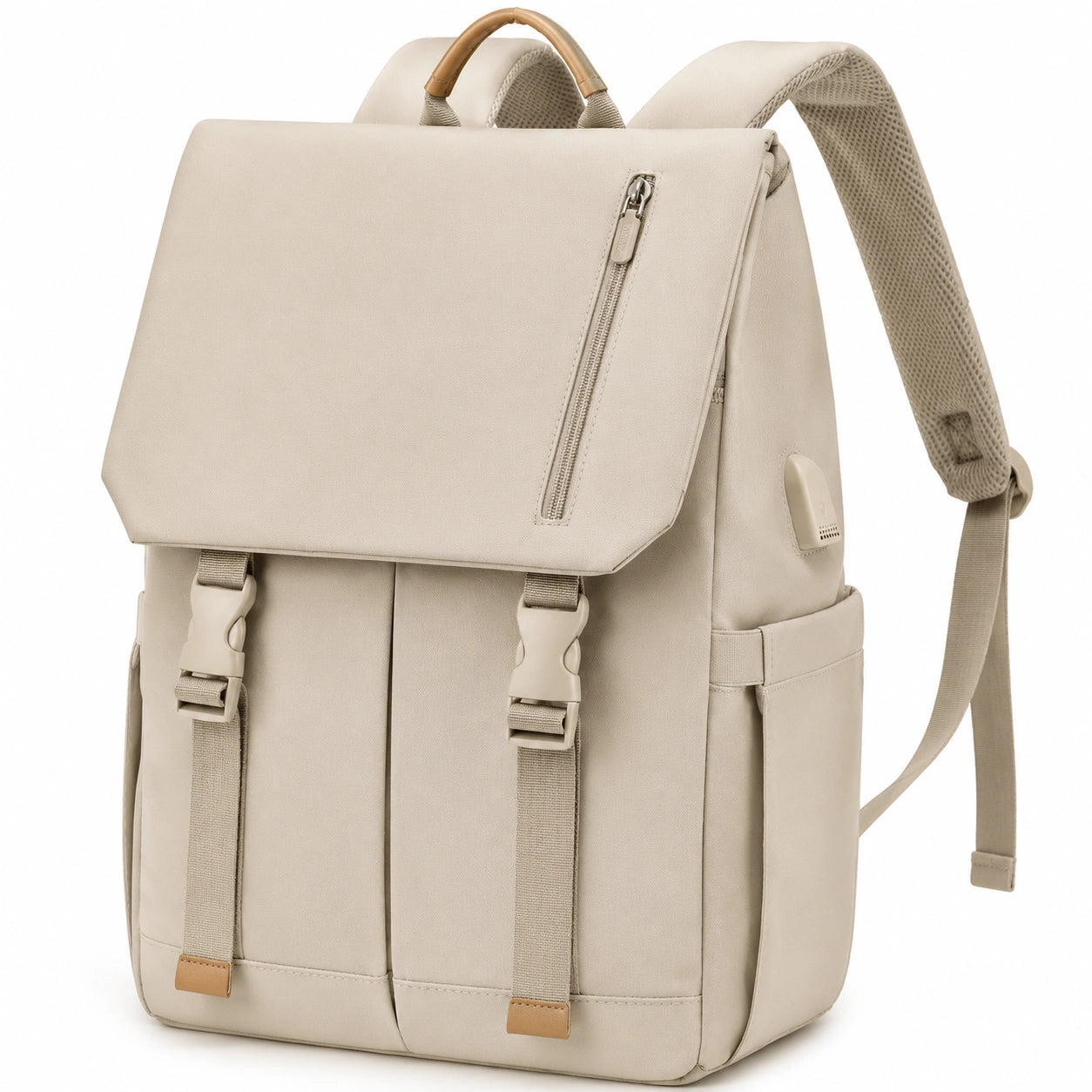 Beiger Laptop-Rucksack mit USB-Anschluss und mehreren Fächern