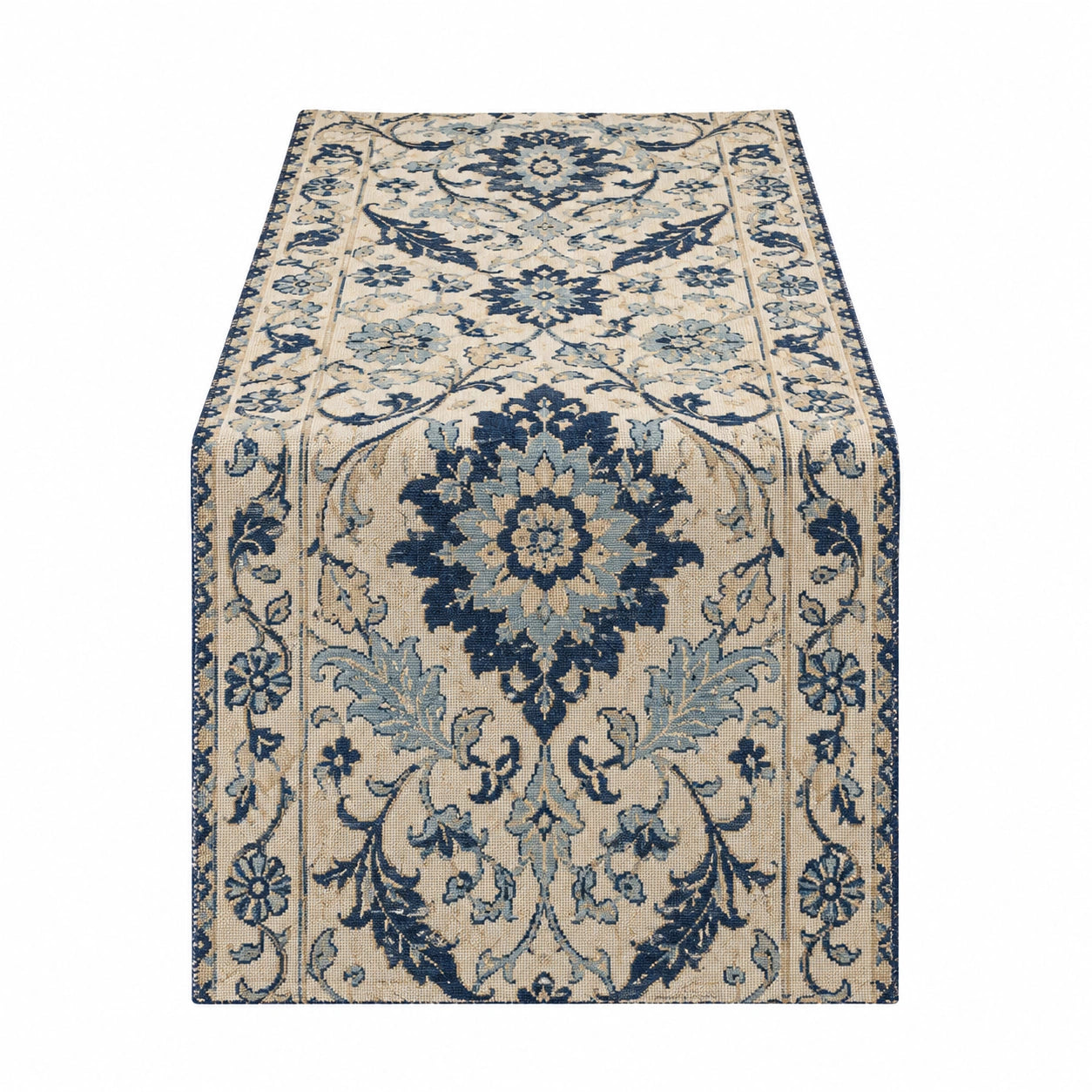 Jacquard Tischläufer Blau Beige mit Blumenmuster
