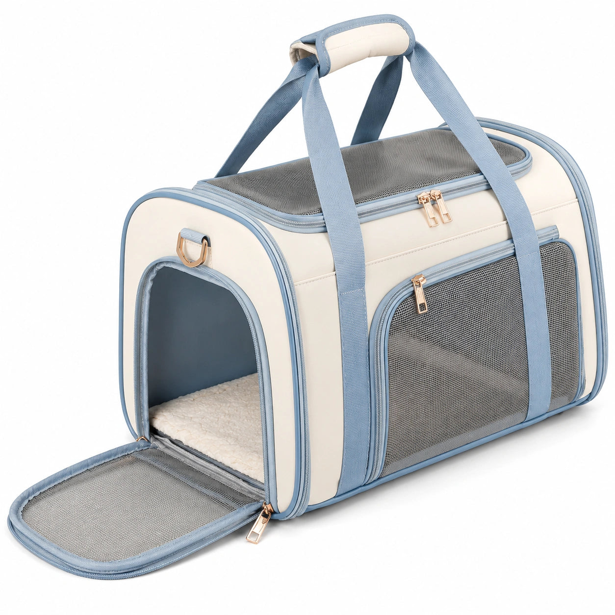 Faltbare Haustiertasche mit Netzfenster Beige und Blau
