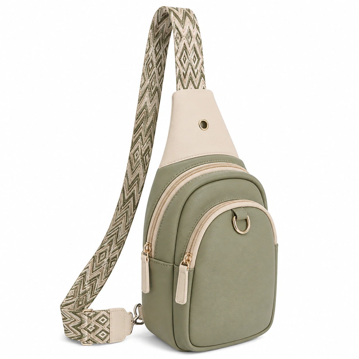 Damen Umhängetasche Grün Beige mit Verstellbarem Gemustertem Gurt